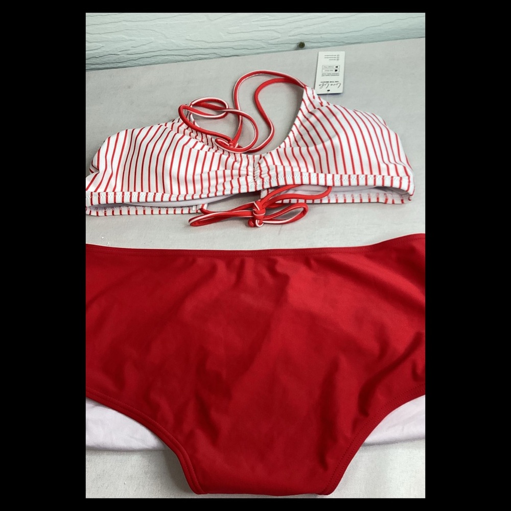 Red and White Striped Women's Swimwear.11 - Picture 3 of 4